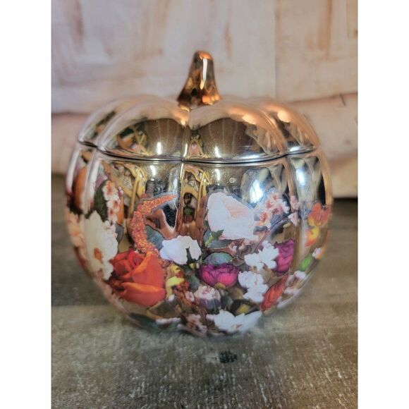 Ceramic shiny floral print pumpkin candy dish Halloween decor - Picture 1 of 7